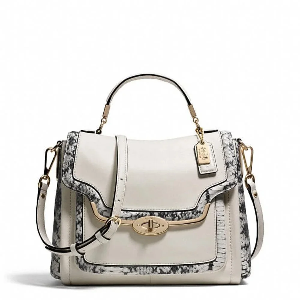 COACH MADISON TWO TONE PYTHON EMBOSSED EXOTIC LEATHER SADIE FLAP SATCHEL 27849